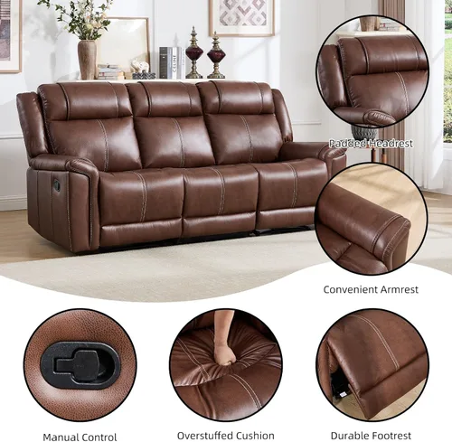 Vista 3 de EBELLO Sofá reclinable de cuero sintético de 3 plazas, sofá reclinable manual, silla de 3 asientos de estilo moderno de mediados de siglo con Marrón