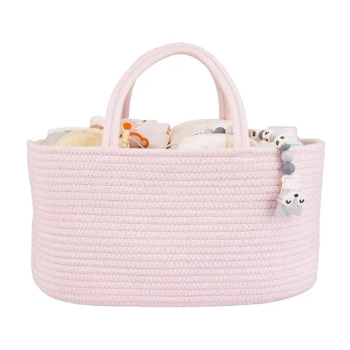Vista 21 de Organizador de pañales para bebé con asa de cuerda de algodón para niña o niño, cesta de almacenamiento portátil para guardería, bolsa de pañales