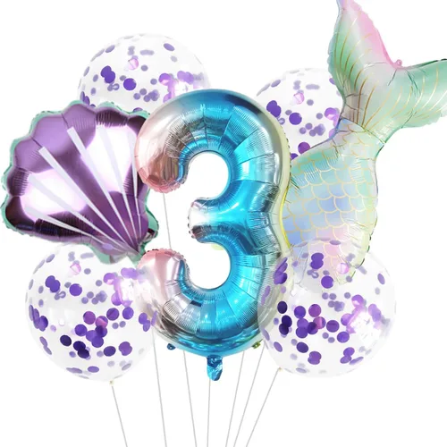 Vista 23 de 7 globos de sirena con números para fiesta de cumpleaños de 1, 2, 3, suministros de decoración de cola de sirena para niñas (número 0)