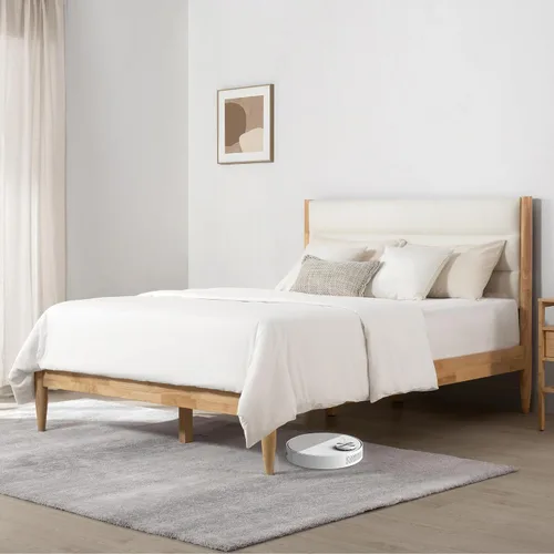 Vista 3 de KISLOT Marco de cama de madera con cabecero tapizado, base de plataforma para colchón, soporte de listones de madera resistente, no necesita somier
