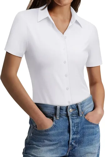 Vista 17 de Gleeivy Camisas con botones para mujer, ajustadas, de manga corta, elásticas, para el trabajo, sin arrugas, blusas de oficina