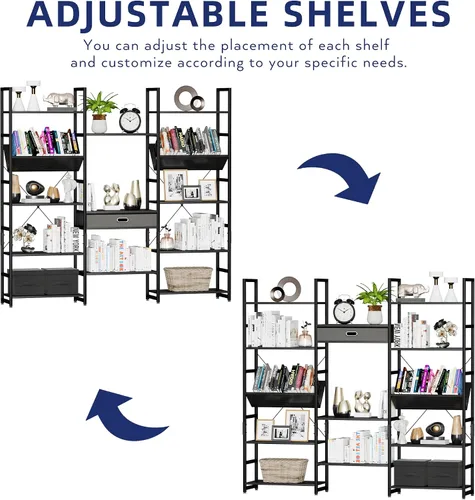 Vista 4 de NUMENN Estantería Triple Ancha de 5 Niveles, Estantes de Libros Ajustables de Estilo Industrial Rústico, Librerías y Estanterías Modernas Muebles