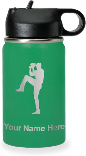 Vista 64 de LaserGram Botella de agua personalizada, jarra de béisbol, acero inoxidable de doble pared aislada al vacío con popote superior, regalo grabado Negro