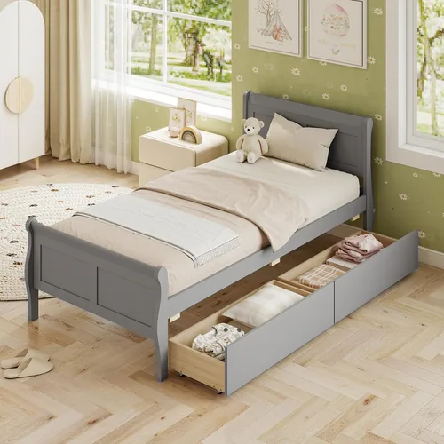 Vista 9 de KOMFOTT 2 camas individuales con 2 cajones, cama de almacenamiento individual con cabecero para dormitorio, marco de cama de madera de trineo