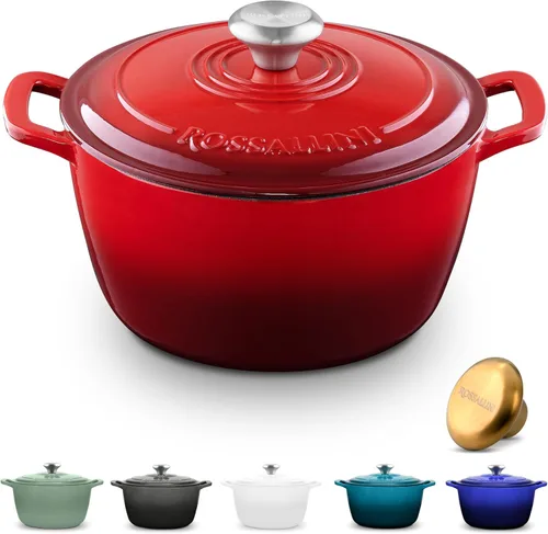 Vista 13 de ROSSALLINI Olla Holandesa de Hierro Fundido Esmaltada con Firma, Olla de Servir Antiadherente con Tapa de Cierre Hermético para Asado Perfecto Azul