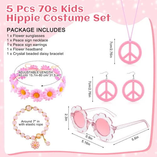 Vista 2 de Juego de 5 piezas de accesorios de disfraz hippie para niños, letrero de paz bohemio, margarita, flor de los años 60 y 70, decoración de fiesta