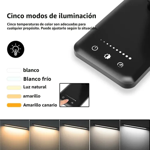 Vista 2 de Lámpara de escritorio LED White Crown, lámpara de mesa regulable, lámpara de lectura con puerto de carga USB, 5 modos de iluminación, control Negro