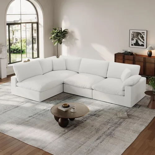Vista 27 de Sofá modular Cloud para sala de estar, sofás de mezcla de lino en forma de L, modernos sofás de nube de asiento profundo, sofás seccionales Beige