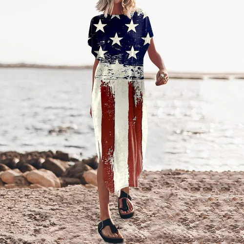 Vista 2 de PeQAQ Women's Summer Maxi Dress American Flag Dresses Batwing Sleeve Crewneck T Shirt Dress for Women 4th of July Dresses