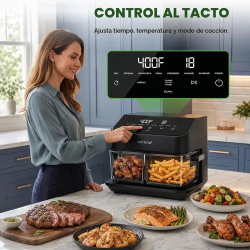 Vista 6 de NutriChef Freidora de aire de doble cesta de vidrio de tamaño familiar de 8.5 cuartos de galón Modos de cocción dual preestablecidos 8 en 1 Negro