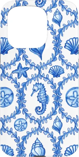 Vista 14 de iPhone 16 Coastal Granddaughter Blue Shells Starfish Seahorse Preppy Case