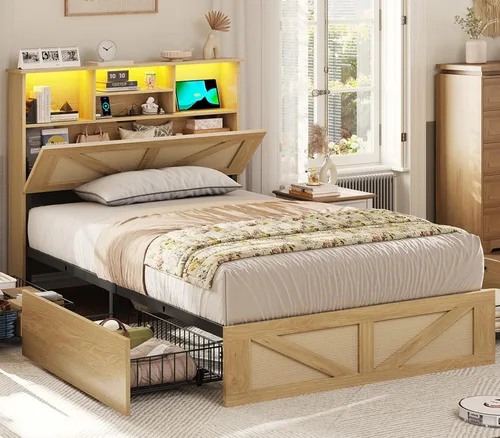 Vista 13 de VIAGDO Bastidor de cama estilo granja tamaño completo con cabecero de almacenamiento tipo librero, estación de carga y luces LED, bastidor de cama