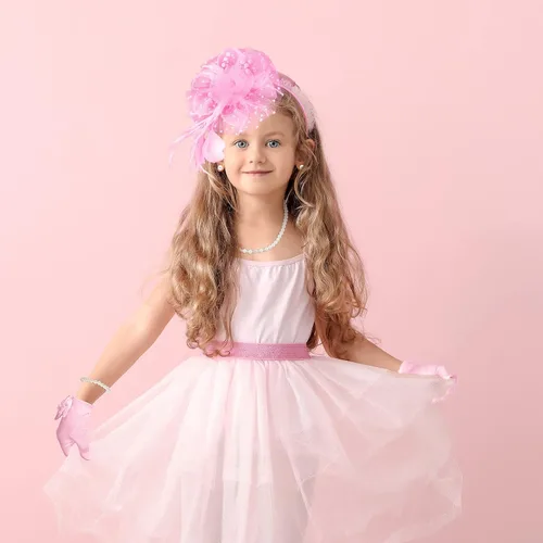 Vista 5 de Junkin 5 Pcs Little Girls Gloves Hats Necklace Bracelet Earring Jewelry for Girls First Communion Wedding Tea Party Supplies