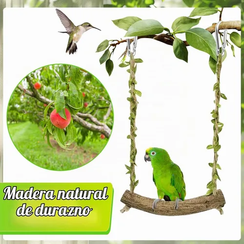 Vista 4 de Percha de madera natural para pájaros con hojas decorativas Verde