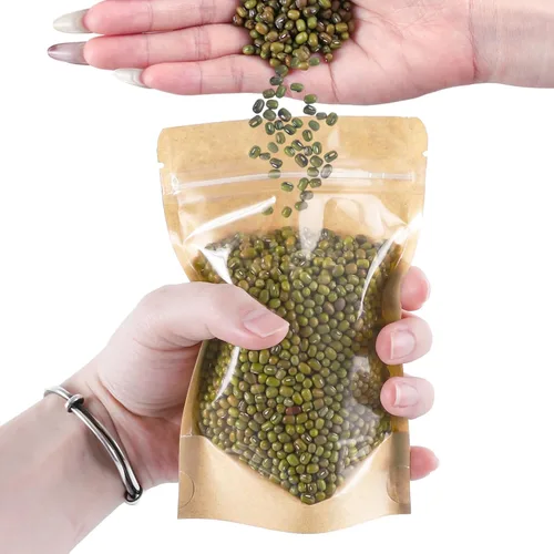Vista 8 de 100 PCS bolsas resellables, bolsas de papel kraft de pie con ventana frontal transparente, bolsas de almacenamiento de alimentos con cierre