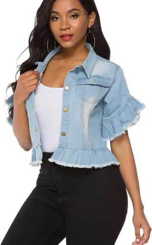 Vista 2 de Suvimuga Chaqueta vaquera con botones y manga con volantes desgastados para mujer