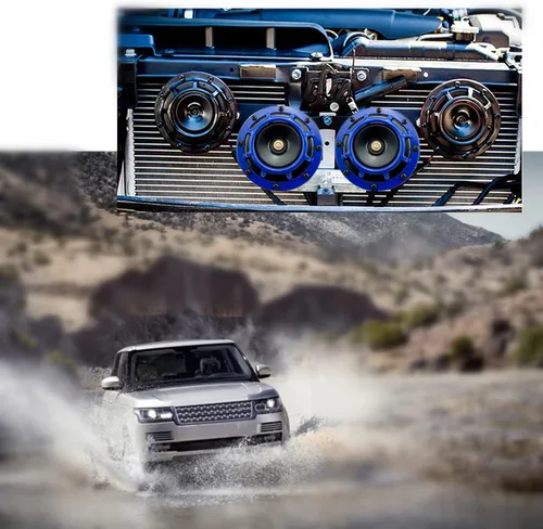 Vista 6 de Bocina eléctrica para coche, bocina de aire azul, 12 V, tono alto y bajo, kit de bocina gemela de metal de 135 dB, bocina de auto, bocina de camión