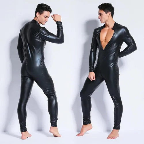 Vista 2 de Panegy Enterizo de piel sintética para hombre, body de cuero brillante, leotardo de baile para adultos, talla única