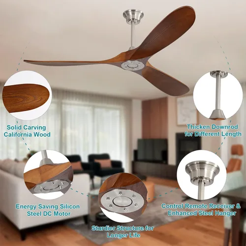 Vista 5 de Sofucor - Ventilador de techo sin luces, de 60 pulgadas, de perfil bajo y montaje empotrado, ventilador de techo moderno de madera para interiores