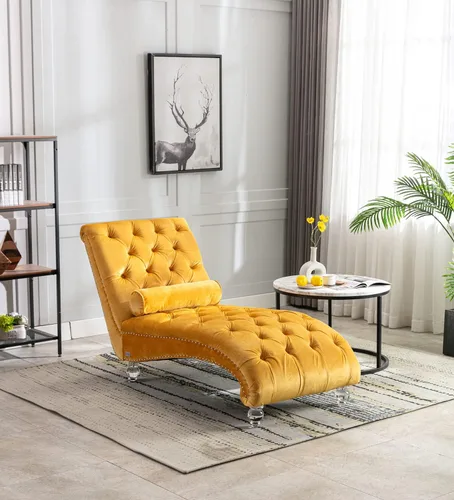 Vista 8 de Tumbona de terciopelo con almohada, moderna silla de descanso con botones copetudos con patas acrílicas, silla tapizada para interiores para sala