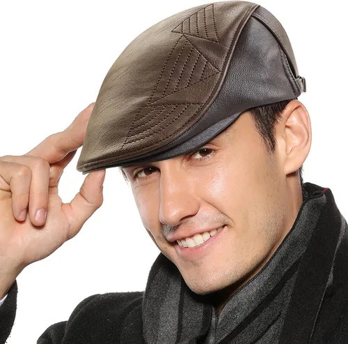 Vista 25 de Panegy Sombrero de periódico para hombre, gorra plana de piel sintética, sombrero de boina ajustable, sombrero de hiedra para conducir golf al aire