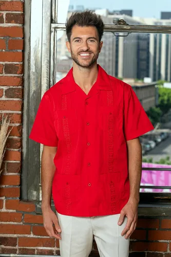 Vista 2 de Camisa de guayabera para hombre, cuatro bolsillos, manga corta, clásica, para vacaciones, boda, bordado, Pintuck, camisa relajada