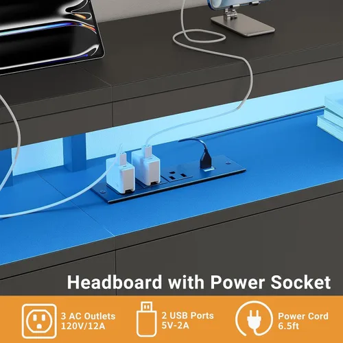 Vista 4 de Unikito Cabecera de tamaño completo con almacenamiento, cabecera con enchufes y luz LED RGB, cabeceras resistentes para cama de tamaño completo