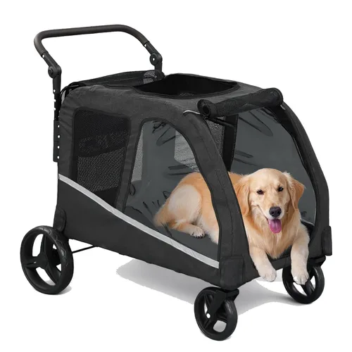 Vista 7 de Cochecito para perros grandes, cochecito extra grande para mascotas para perros medianos, carrito para perros, diseño plegable, asa ajustable