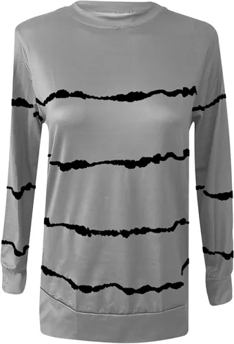Vista 3 de Camisetas de otoño para mujer, a la moda, de manga larga, a rayas, holgadas, holgadas, elegantes, informales, con cuello redondo