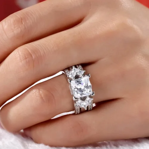 Vista 6 de Jeulia - Juego de anillos de novia de 4.1 quilates para mujer, anillos de compromiso de corte princesa, anillos intercambiables de boda de plata