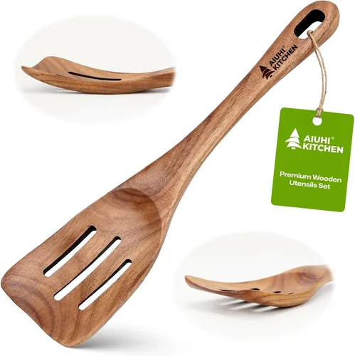 Vista 19 de Espátulas de madera, espátula de cocina plana antiadherente para cocinar, espátula de madera de teca para freír, voltear y girar