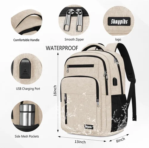 Vista 3 de Mochila Skaypibs para Mujeres y Hombres, Mochilas para Trabajo y Viaje con Porta Laptop, A6-Beige, 15,6 pulg., Moderno