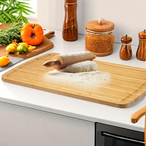 Vista 8 de Tabla de cortar de bambú extra grande de 30 pulgadas para cocina, tabla de cortar de madera con ranura para jugo, tabla de cortar reversible
