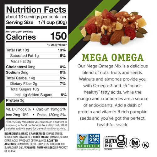 Vista 4 de Power Up Mega Omega Trail Mix Gourmet Nut - Bolsa de mezcla de frutos secos, 14 onzas