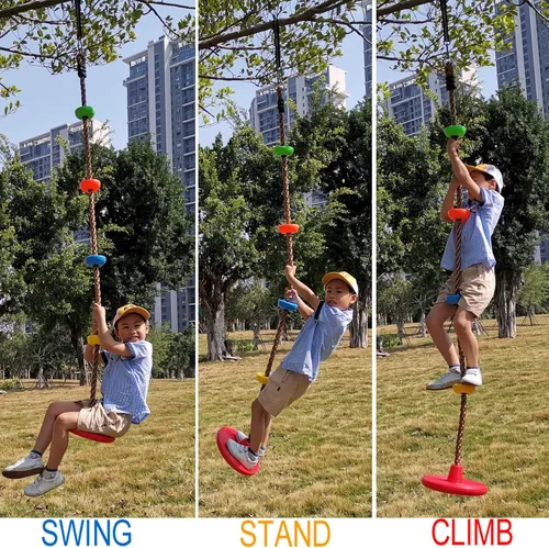 Vista 5 de Cuerda de escalada de árbol y asiento de columpio de disco para niños, accesorios para patio trasero al aire libre