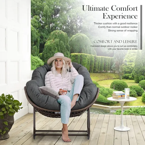 Vista 3 de Juego de 2 mecedoras para exteriores, silla mecedora de huevos de mimbre de gran tamaño, para interiores y exteriores, cómoda silla mecedora con Gris