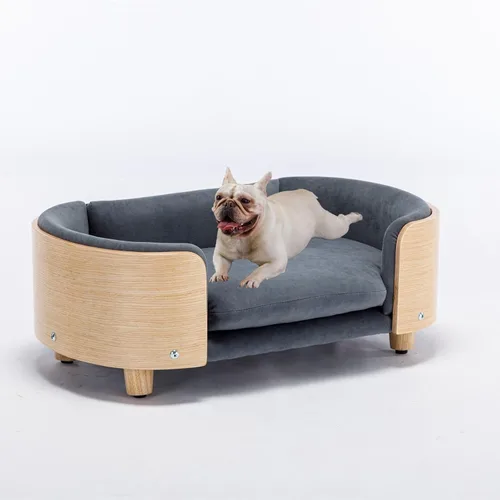 Vista 7 de CuisinSmart Sofá para perro, camas para perros con cojín extraíble, sofá para mascotas con patas de madera maciza y respaldo de madera doblada, sofá