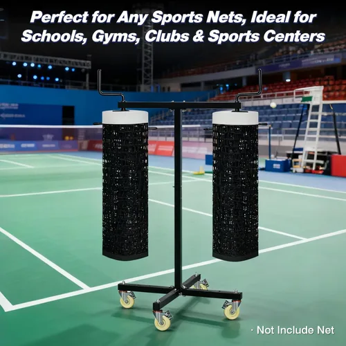 Vista 4 de Estante de almacenamiento de red deportiva móvil con ruedas con bloqueo, soporte resistente para voleibol, tenis, pickleball, redes de bádminton