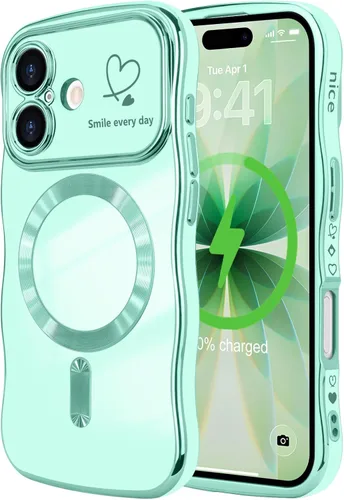 Vista 32 de LCHULLE - Funda magnética para iPhone 13 para mujeres y niñas, con forma ondulada, color azul bebé [Compatible with MagSafe] Cute Curly Wave, Love