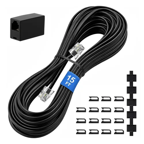Vista 14 de Uvital Cable de extensión de teléfono de 15 pies, acoplador RJ11 y clips de Negro