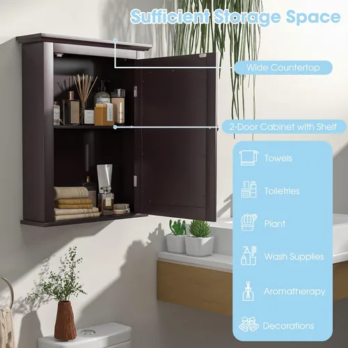 Vista 7 de Botiquín marrón con espejo, almacenamiento ajustable montado en la pared para baño, sala de estar, dormitorio, entrada y cocina