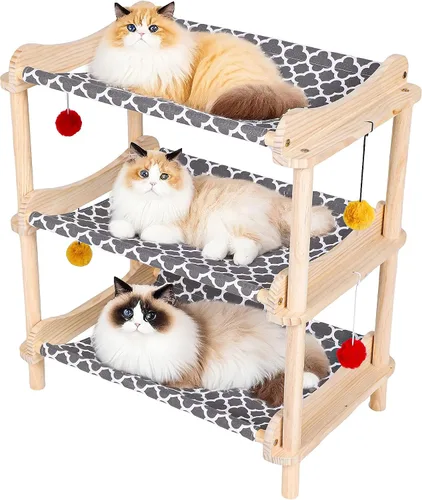 Vista 10 de Cama elevada de madera para gatos – 24 x 15.7 x 5.9 pulgadas, hamaca transpirable para mascotas para uso en interiores y exteriores, tumbona elevada