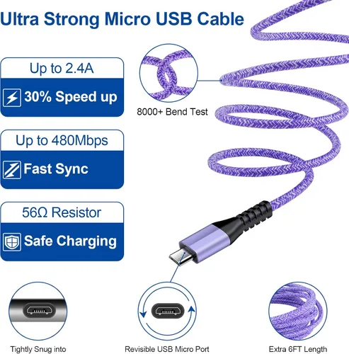 Vista 2 de Cargador de coche rápido dual de 4.8 A con cable micro USB Android para Samsung Galaxy S7 S6 J8 J7/J7V/Star/Crown/Prime/Refine J3, Note 5 4, Moto E4