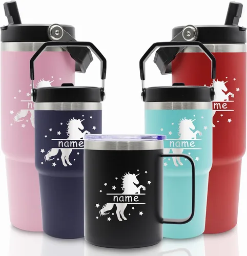 Vista 24 de Vasos de acero inoxidable grabados personalizados con nombres, tazas aisladas personalizadas con asa, taza de café de viaje, regalos para ella/él