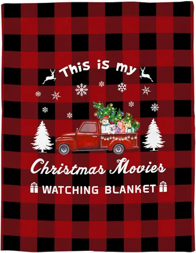 Vista 5 de Manta de Navidad para Camión, Super Suave de Franela y Forro Polar, "Esta es mi manta para ver películas de Navidad", Árbol Camión Rojo a Cuadros