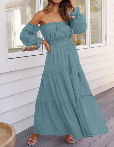 Vista 137 de ZESICA - Vestido largo, bohemio y sexy, con hombros descubiertos y manga larga fruncida, con elástico fruncido, cintura alta y abertura lateral