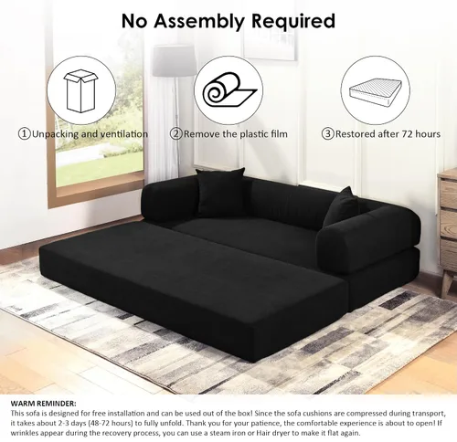 Vista 8 de Sofá cama convertible de 80 pulgadas, sofá cama plegable de pana con almohadas, sofá de compresión moderno sin hueso sin montaje, sofá de compresión