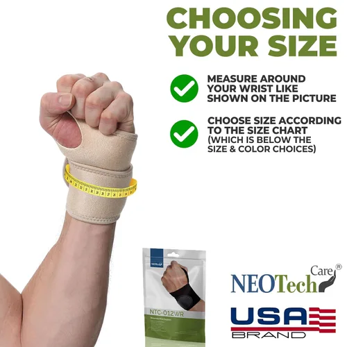 Vista 2 de NeoTech Care Muñequera – Tejido elástico y transpirable – Correa de compresión ajustable – Hombres, mujeres, derecha o izquierda – Envoltura de Beige
