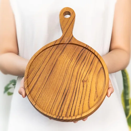 Vista 4 de Rainforest Bowls Tabla de pizza de madera de teca javanesa de 8 pulgadas con mango y borde, puede contener pizza de 8 pulgadas, ultra duradera