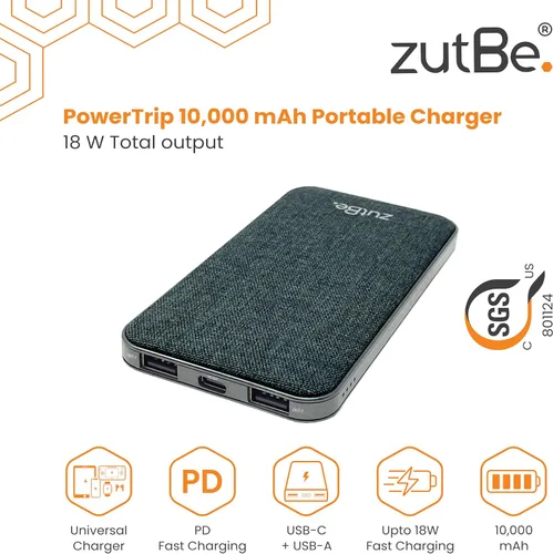 Vista 2 de zutBe PowerTrip 10000mAh Portable Charger with 1 USB-C 2 USB-A Ports and 18W of Power Delivery PD Charge Any iPhone 17 16 15 14/13/12/ Samsung